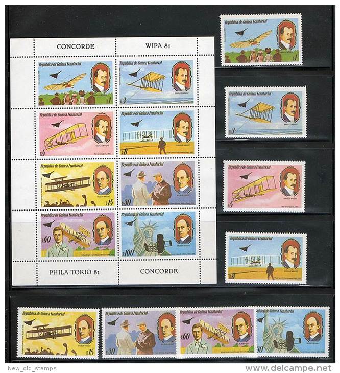 EQUATORIAL GUINEA 1981  WRIGHT BROTHER & PLANES + M/S MNH STATUE OF LIBERTY, CONCORDE, WIPA - Onderzoekers