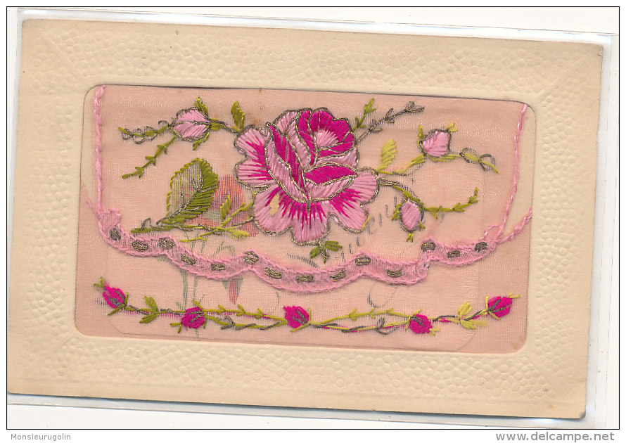 CARTE BRODEE ))   FLEUR ROSE ET Message Dans Le Voile - Embroidered