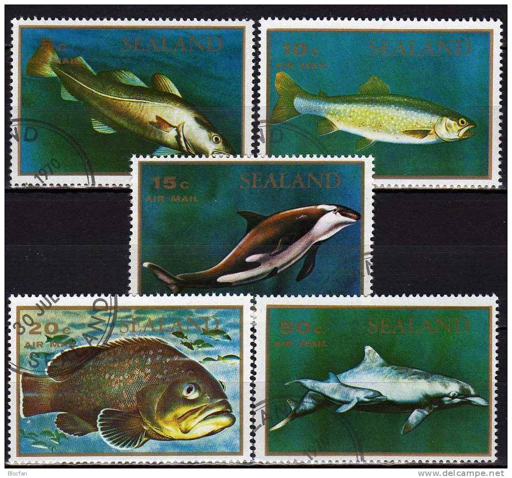 Meeres-Welt 1970 RM-GB Sealand 32/6+Bl.2 O 22€ Antlantik Fische/Säugetiere Regional-Marken Private Air Mail Stamps Bf UK - Viñetas De Fantasía