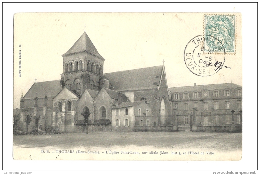 Cp, 79, Thouars, L'Eglise Saint-Laon, Et L'Hôtel De Ville, Voyagée 1904 - Thouars