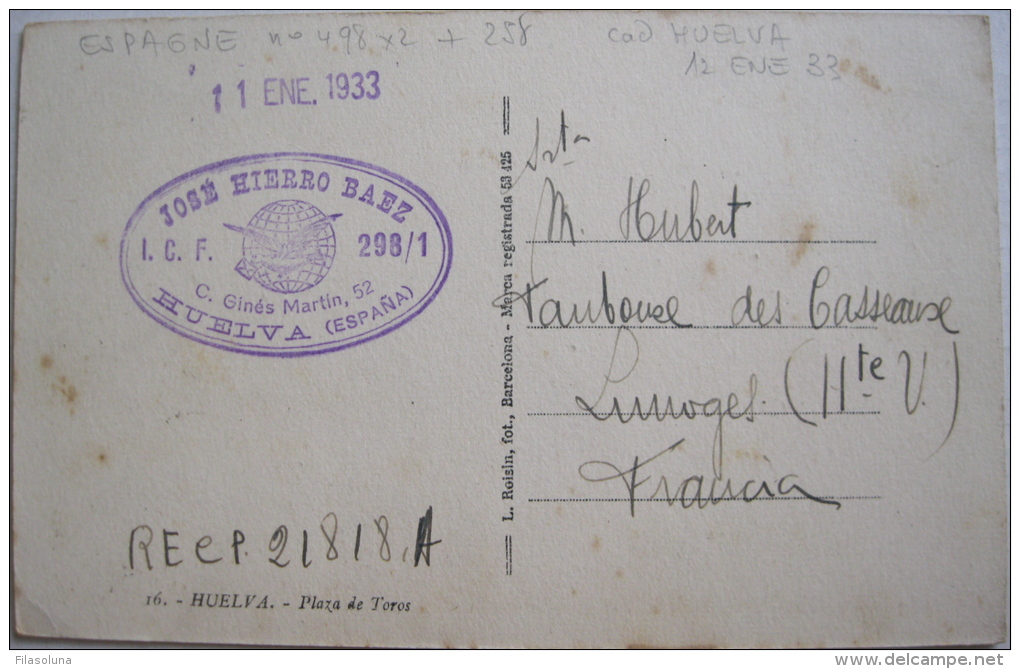 00018 Postal Circulada De  Huelva A Francia 1933 - Cartas & Documentos