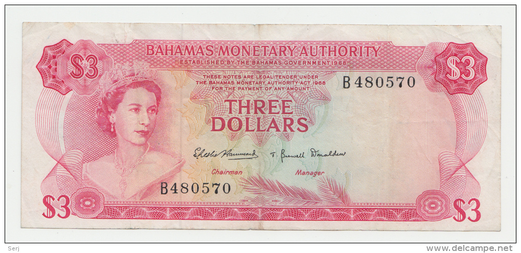 Bahamas 3 Dollars 1968 VF Crisp Banknote P 28 - Bahamas