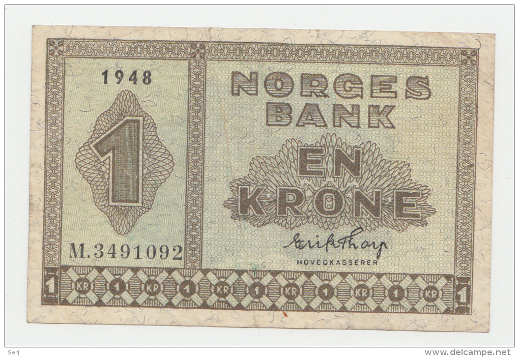 Norway 1 Krone 1948 VF++ (w/ 1 Border Split) P 15b 15 B - Norvège