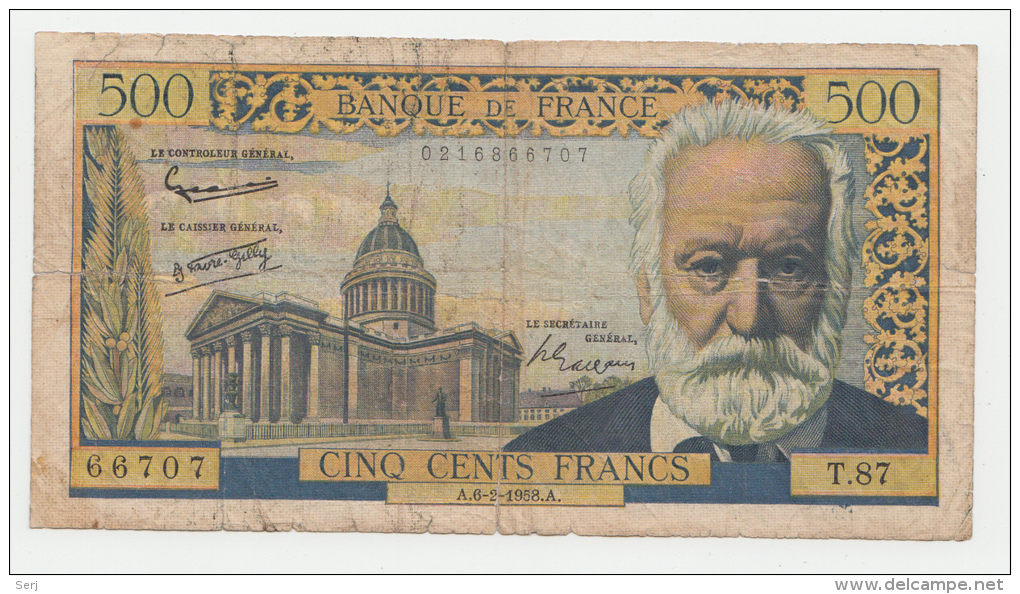 France 500 Francs 1958 G-VG RARE Banknote - 500 F 1954-1958 ''Victor Hugo''