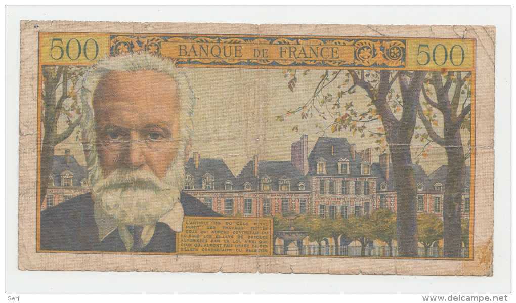 France 500 Francs 1958 G-VG RARE Banknote - 500 F 1954-1958 ''Victor Hugo''