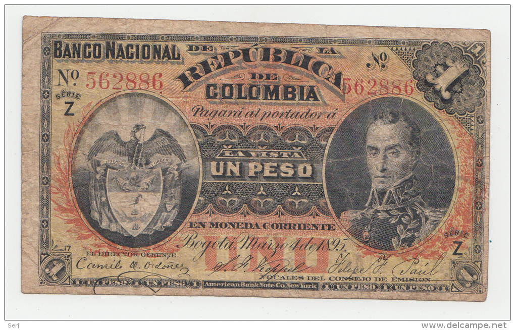 COLOMBIA 1 Peso 1895 VF P 234 Serie Z - Colombie