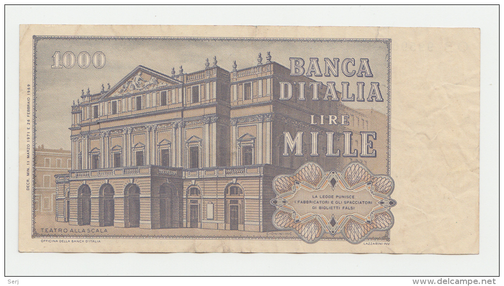 Italy 1000 Lire 1971 VF++ CRISP Banknote G. Verdi - 1000 Liras