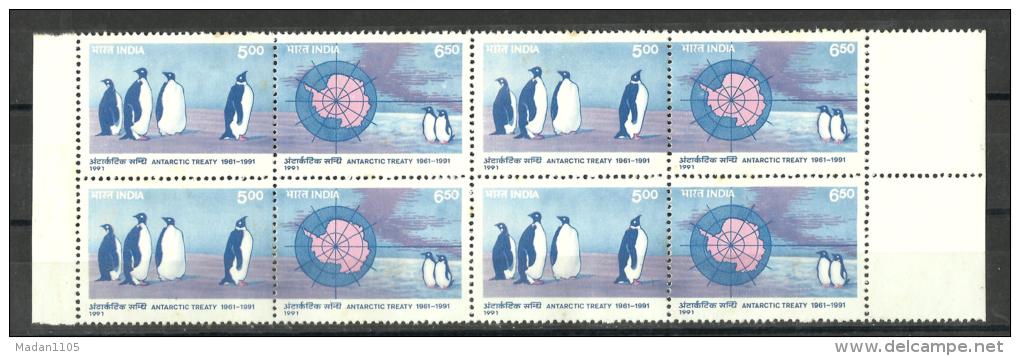 INDIA, 1991, Antarctic Treaty, Fauna, Emperor Penguins & Gentoo Penguins, Setenant Set, 2 V,  Block Of 4,  MNH, (**) - Nuovi