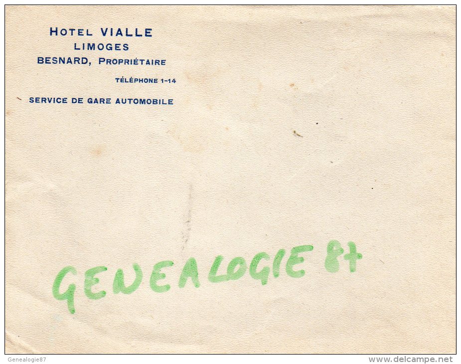 87 - LIMOGES - ENVELOPPE PUBLICITAIRE HOTEL VIALLE - PROPRIETAIRE BESNARD SERVICE DE GARE AUTOMOBILE - Publicités