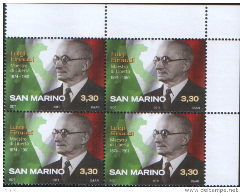 San Marino 2011 50 Anniv. Morte Di Luigi Einaudi 1v Complete Set In Quartine ** MNH - Unused Stamps