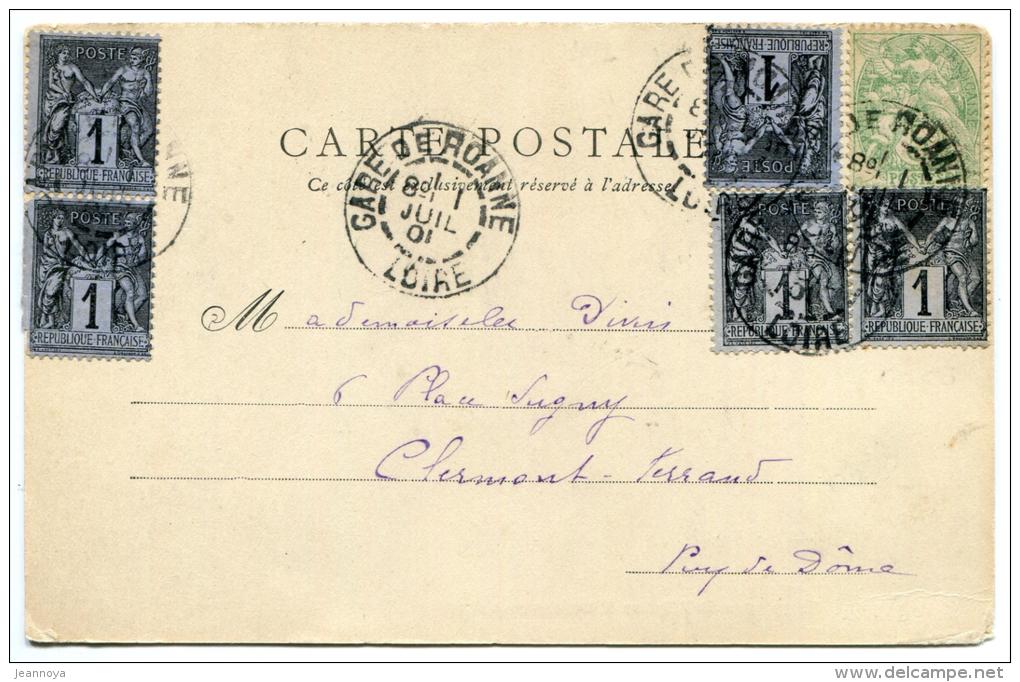 FRANCE - SAGE N° 83 (5) + BLANC N°111 / CPA TRYPTIQUE EGLISE AMBIERLE, OBL. GARE DE ROANNE LE 1/7/1901 - TB - Poste Ferroviaire