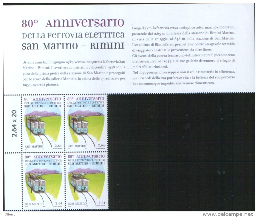 San Marino 2012 80 Anniv. Della Ferrovia Elettrica Rimini - San Marino 1v Complete Set In Quartina    ** MNH - Unused Stamps