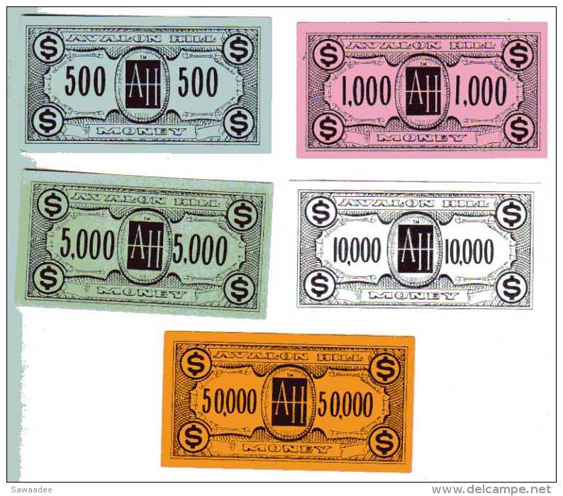 BILLET FACTICE DE JEU - AVALON HILLS MONEY - LOT DE 5 BILLETS - 500,1000,5000 Et 10000 - 50000 $- UNIFACE - Specimen