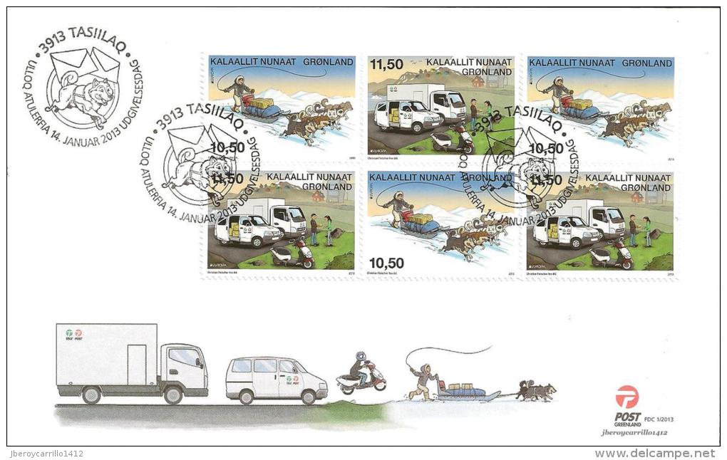 GROENLANDIA / / GREENLAND - 2013 EUROPA - TEMA ANNUALE "IL FURGONE POSTALE" - FDC Da TRE SERIE Di 2 ADESIVI Da LIBRETTI - 2013