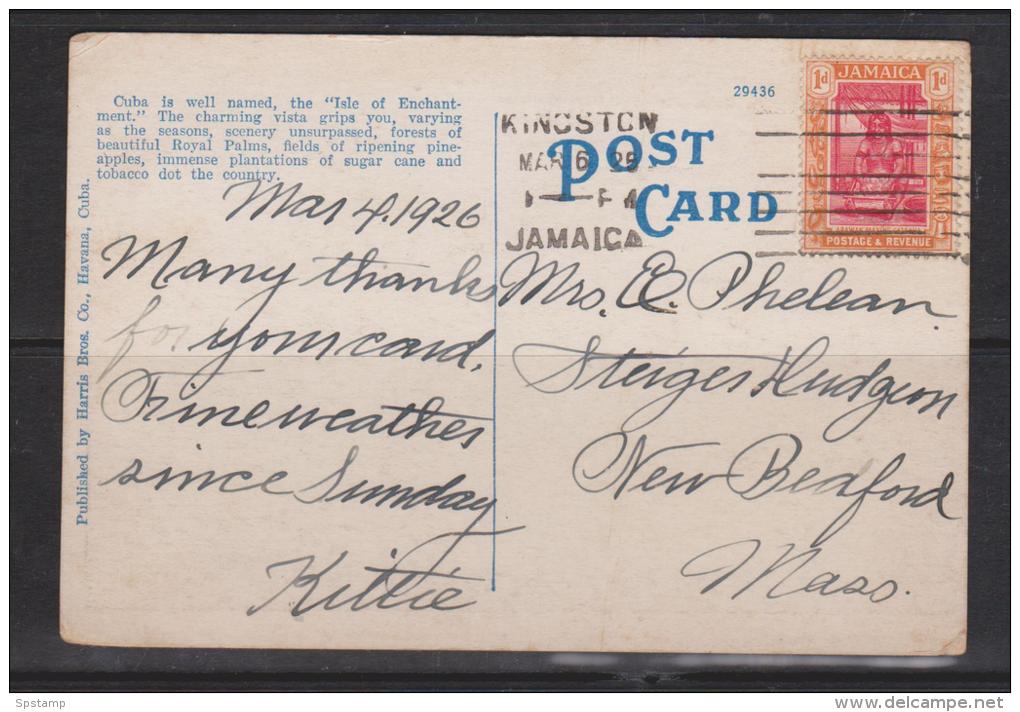 Jamaica 1925 Cuba Scene Picture Post Card Used Kingston To USA , 1d Arawak Woman Adhesive - Jamaïque (...-1961)