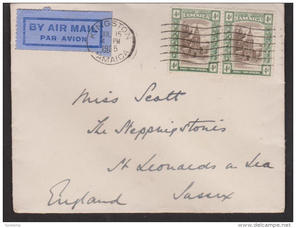 Jamaica 1935 Air Mail Cover Kingston To Sussex England , 2 X 4d Spanish Town Cathedral Franking - Jamaïque (...-1961)