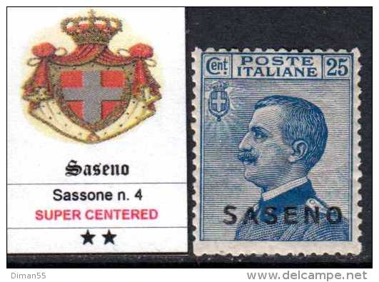 ITALY - SASENO N.4 -  Cat. 400 Euro - CENTRATISSIMO - GOMMA INTEGRA - MNH** - LUXUS POSTFRISCH - Saseno