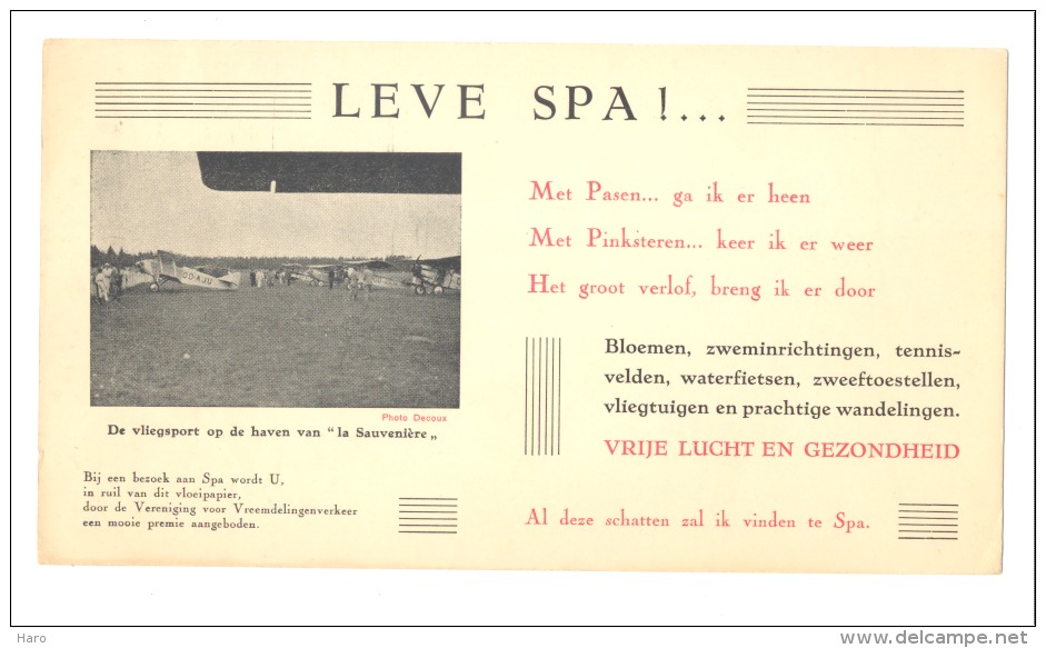 SPA - Buvard Publicitaire En NL Avec Photo De L'aérodrome De La Sauvenière - Avion - Aviation (b123) - Transports