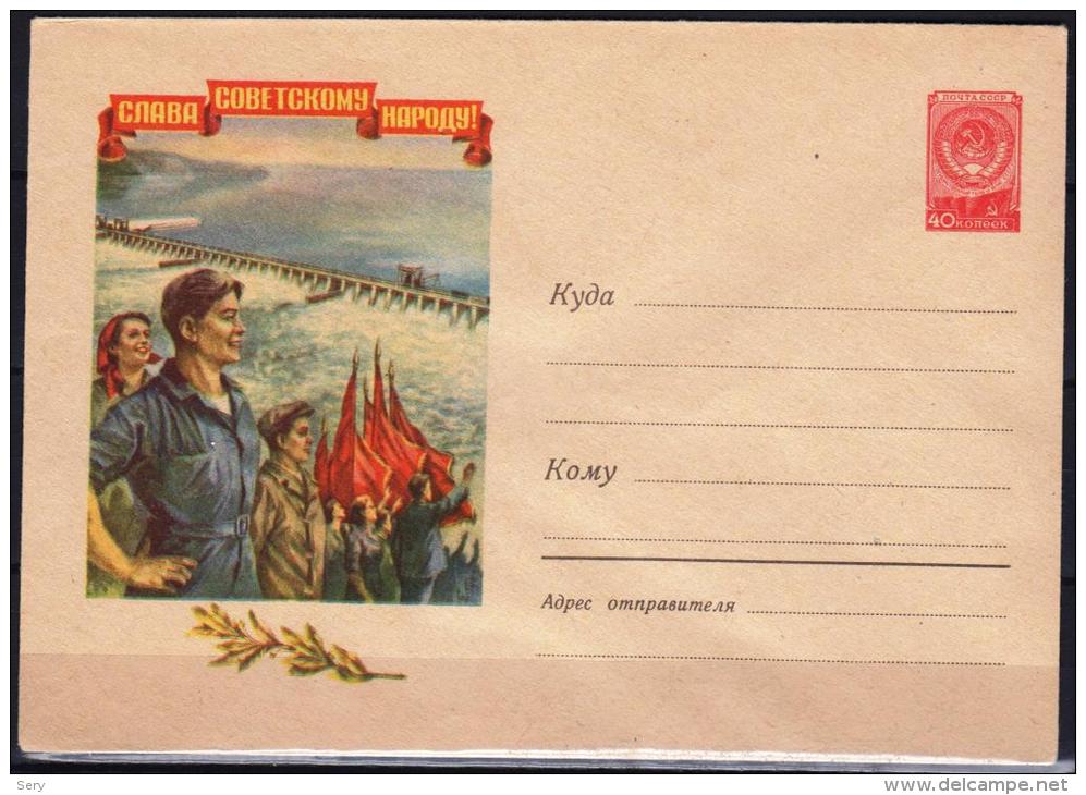 USSR  1958 RARE Postal Stationery Cover Gloire Au Peuple Sovietique Construction Hydropower - Water