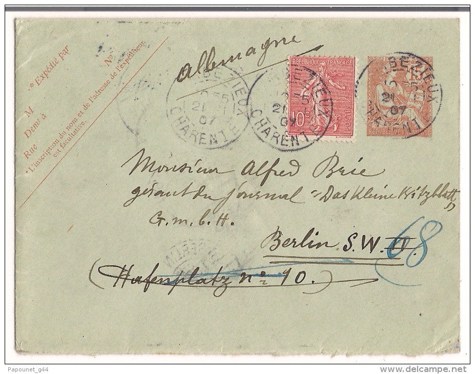 Lettre 1907 Entier Postal 15 Mouchon + Complément 10c Semeuse Bézieux / Berlin - Enveloppes Types Et TSC (avant 1995)