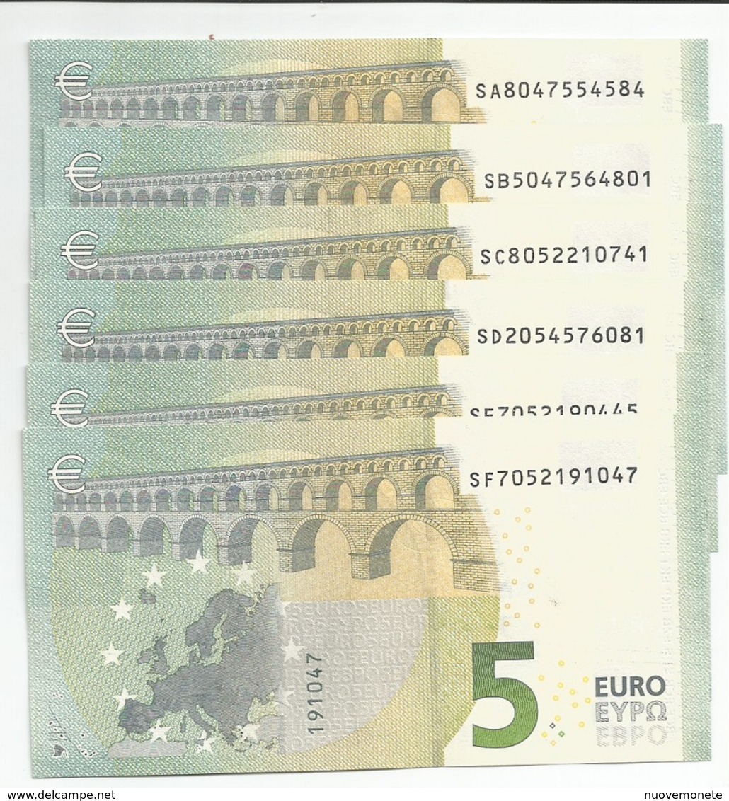 LE 6 BANCONOTE DA 5 EURO DRAGHI SA, SB, SC, SD, SE, SF ITALIA ITALY S006.. FDS UNC - 5 Euro