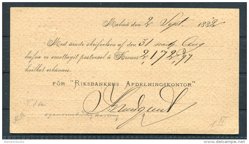 1882 Sweden Malmo 6 Ore Stationery Riksbankens - Gefle - Briefe U. Dokumente