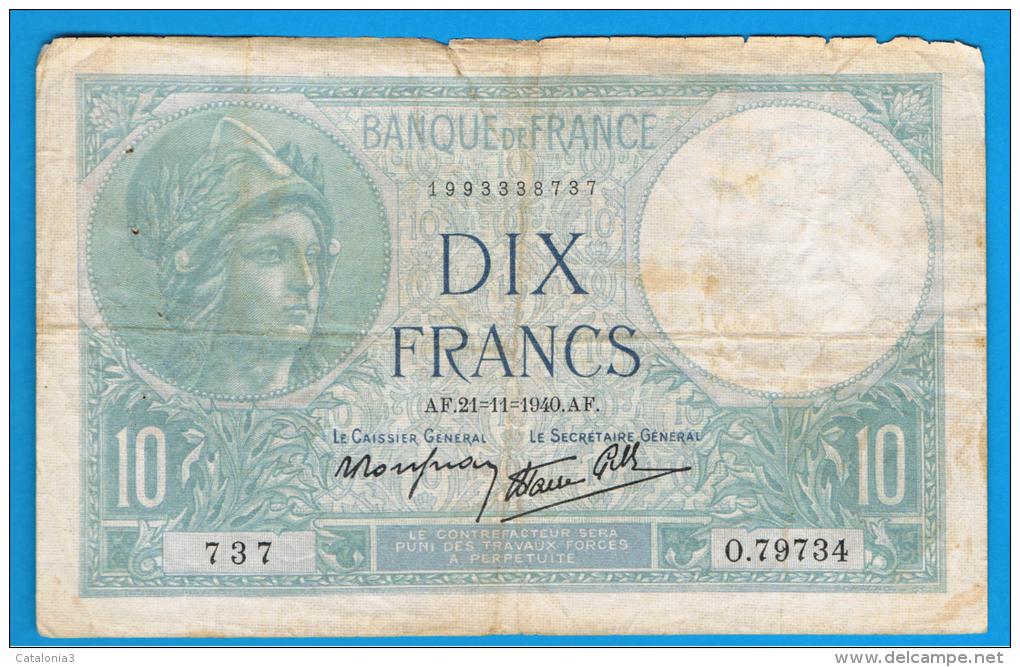 FRANCIA - FRANCE = 10  Francs 1940  P-84  MINERVE Serie 0 - 10 F 1916-1942 ''Minerve''