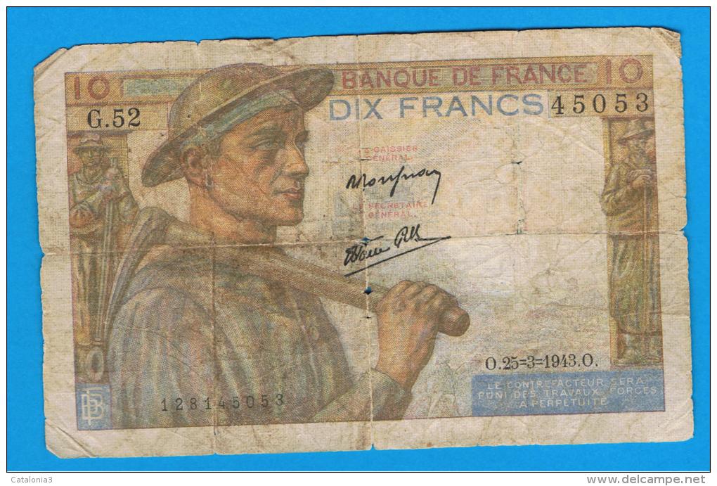 FRANCIA - FRANCE = 10  Francs 1943  P-99 MINERO  Serie G - 10 F 1941-1949 ''Mineur''