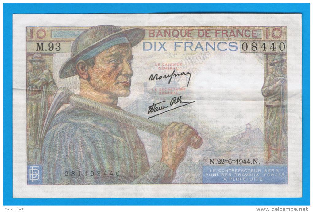 FRANCIA - FRANCE = 10  Francs 1944  P-99 MINERO  Serie M - 10 F 1941-1949 ''Mineur''