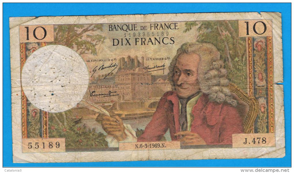 FRANCIA - FRANCE = 10  Francs 1969  P-147  VOLTAIRE  Serie J - 10 F 1963-1973 ''Voltaire''