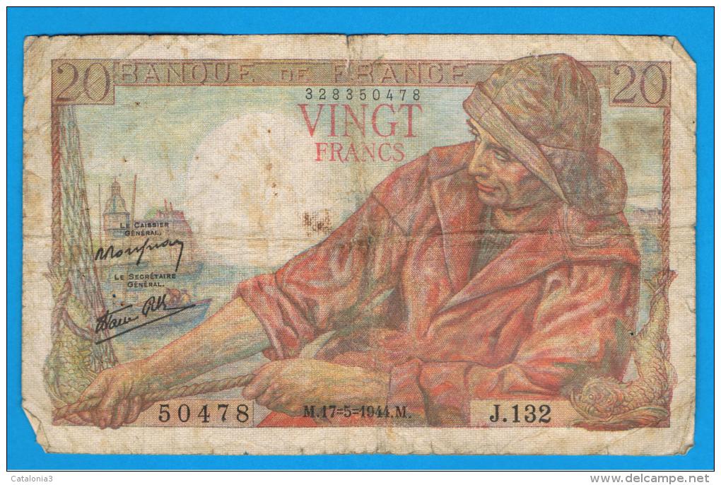 FRANCIA - FRANCE = 20  Francs 1944  P-100  PECHEUR / Pescador - Serie J - 20 F 1942-1950 ''Pêcheur''