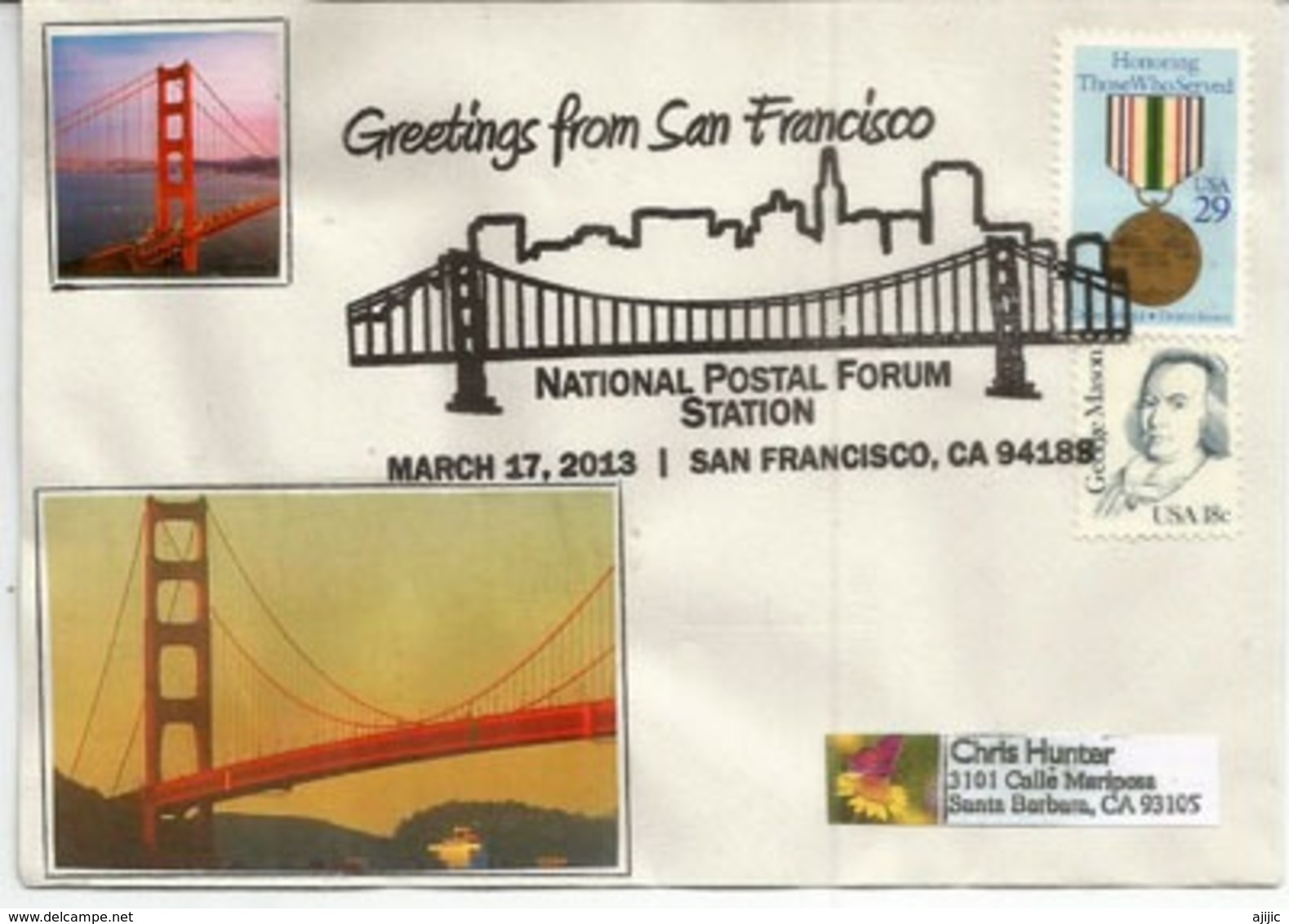 USA. Le Golden Gate Bridge, San Francisco, Une Enveloppe Souvenir, Année 2013 - Ponti