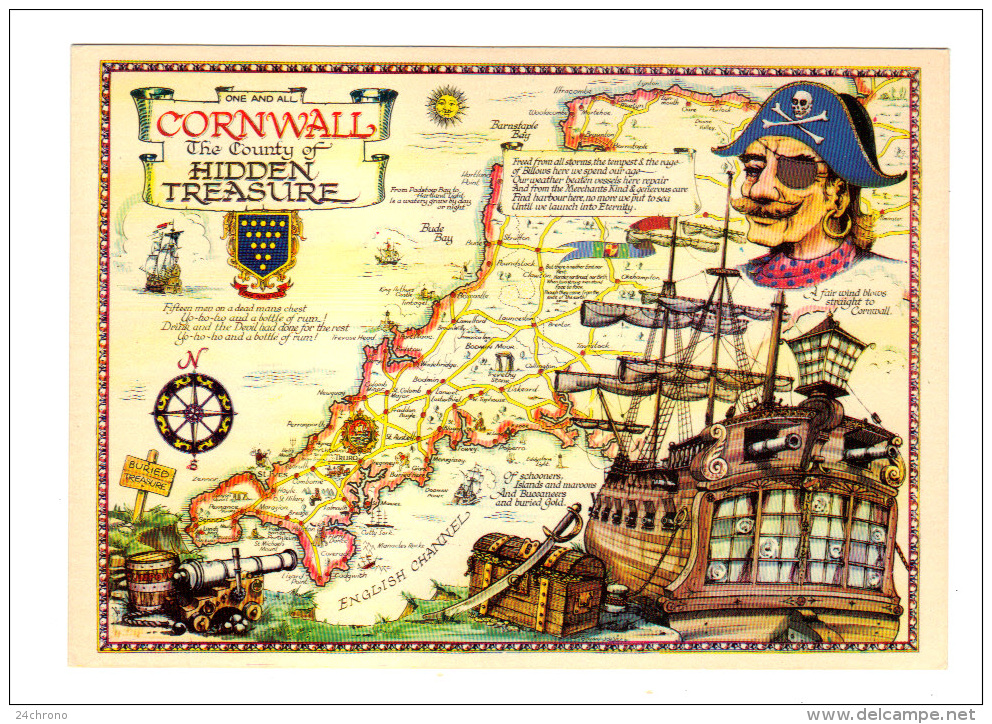Royaume Uni: One And All Cornwall, The Country Of Hidden Treasure, Carte Geographique (13-2043) - Autres & Non Classés