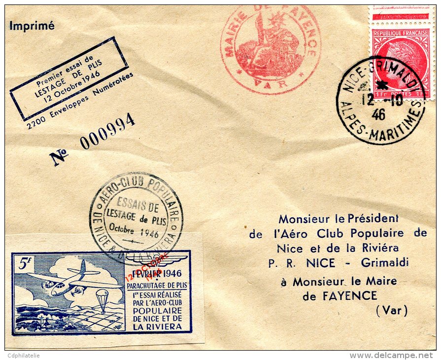 FRANCE PREMIER ESSAI DE LESTAGE DE PLIS PAR L'AERO-CLUB POPULAIRE DE NICE 12 OCTOBRE 1946 - 1945-47 Cérès Van Mazelin