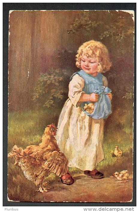 LITLE  GIRL  HEISTING  CHICKENS , HEN ,   OLD POSTCARD  , O - Humorous Cards