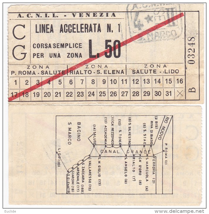 Venezia Biglietto Ticket Vaporetto ACNIL Con Mappa Canal Grande Anni 60 - Europe