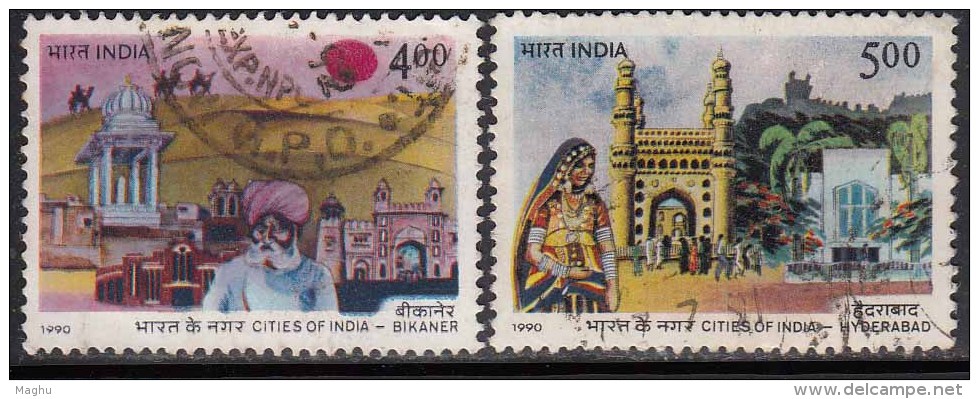 India Used 1990, 2v Historic Cities, Palace, Camel On Sand Dunes, Geography, Charminar Gate, Monument, Costume Of Women - Used Stamps