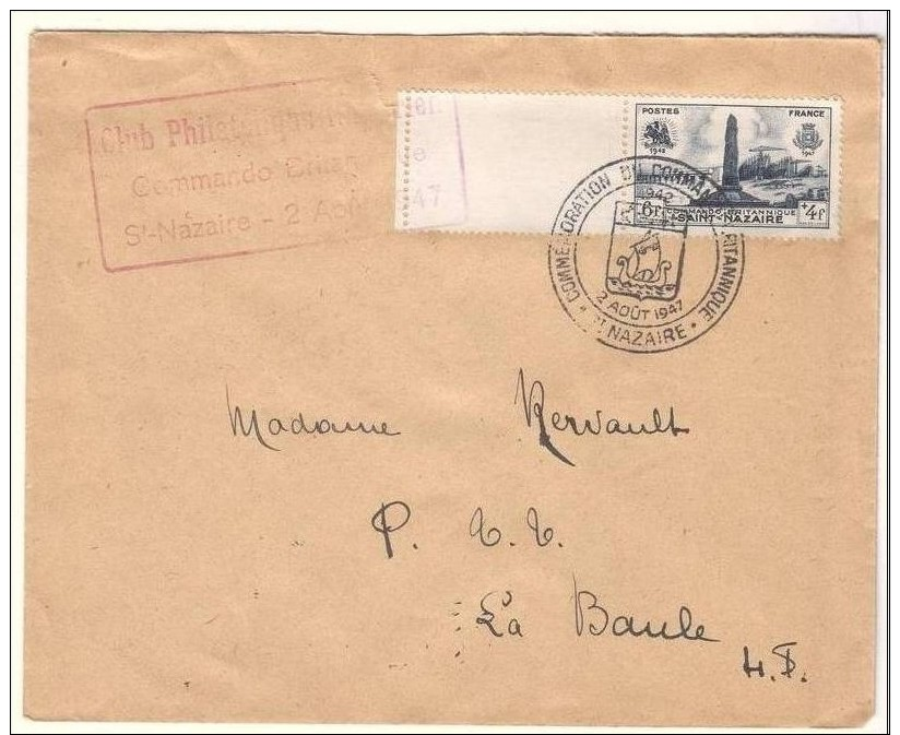 LETTRE COMMANDO BRITANNIQUE PREMIER JOUR SAINT-NAZAIRE 2 AOUT 1947. COTE 40 EUROS. - Lettres & Documents