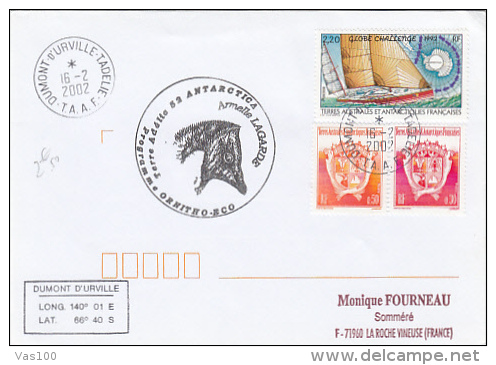 FRENCH LANDS IN ANTARKTIC, PENGUINS, SHIP, STAMPS AND POSTMARK ON COVER, 2002, FRANCE - Trattato Antartico