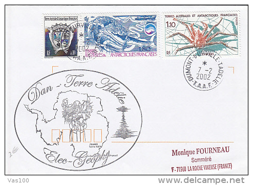 FRENCH LANDS IN ANTARKTIC, DAN TERRE ADELIE, WHALES, STAMPS AND POSTMARK ON COVER, 2002, FRANCE - Antarctic Treaty