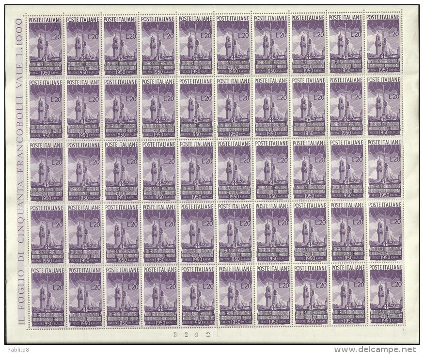 ITALIA REPUBBLICA ITALY REPUBLIC  1950 RADIODIFFUSIONE LIRE 20 MNH FOGLIO INTERO SHEET - Feuilles Complètes