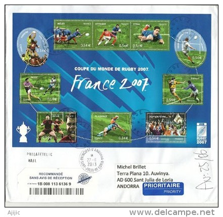 Belle Lettre Recommandée ´´COUPE DU MONDE RUGBY 2007.´´ BF 110, Lettre Adressée En Andorre - Rugby