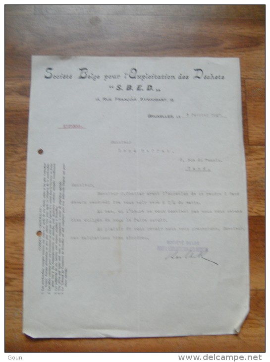 FF Document SBED Société Belge Pour L'Exploitation Des Déchets Rue Stroobant Bruxelles 1927 - 1900 – 1949