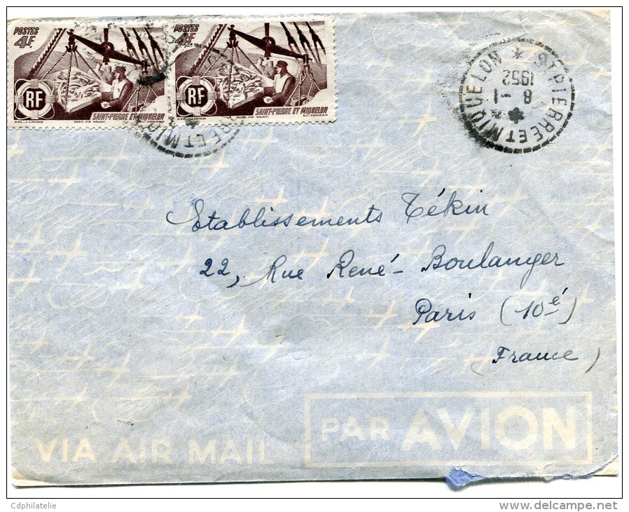 ST PIERRE ET MIQUELON LETTRE PAR AVION DEPART ST PIERRE ET MIQUELON 8-1-1952 POUR LA FRANCE - Covers & Documents