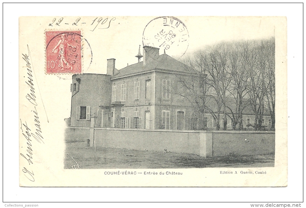 Cp, 86, Couhé-Vérac, Entrée Du Château, Voyagée 1905 - Couhe