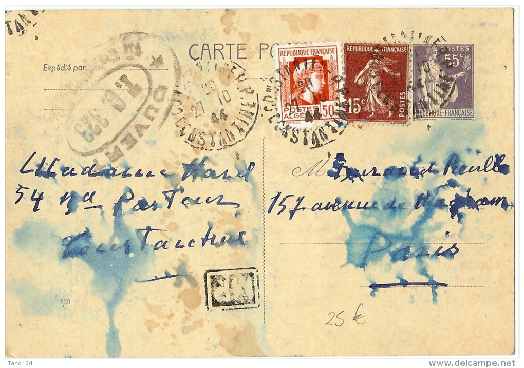 LBL17 - ALGERIE - EP CP TYPE PAIX 55c + COMPL.TS SEMEUSE ET MARIANNE D'ALGER CONSTANTINE / PARIS 27/10/1944 - Lettres & Documents