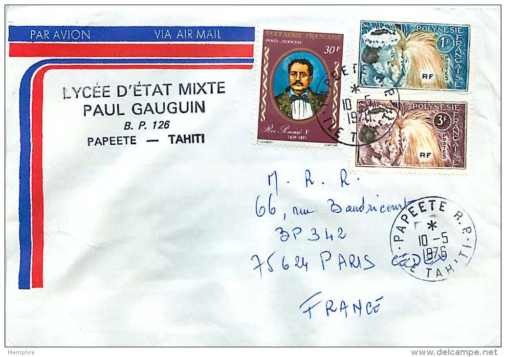 1973  Lettre Avion  Pour La France   Danseuse Yv 27, 28 Roi Pomaré V Yv PA 109 - Briefe U. Dokumente