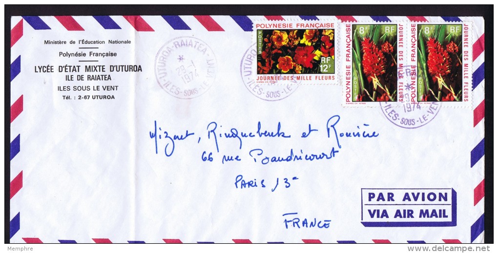 1974  Lettre Pour La France Journée Des Mille Fleurs Yv 83 X2, 84 Oblitéré: Uturoa-Raitea - Lettres & Documents