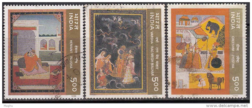 India Used 1995, 3v , Ritu Rang Miniature Paintings Series, Costume, Deer, Elephant, Horse, Animal, Etc - Used Stamps