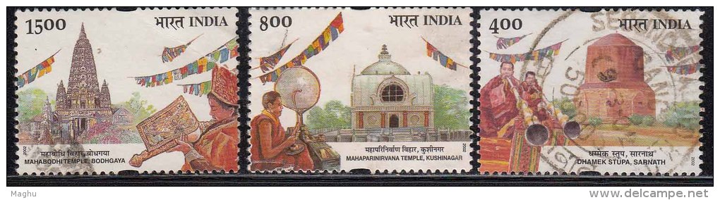 India Used 2002, 3v Bauddha Mahotsav Festival, Buddha, Buddhism Religion, Music Instruments, - Used Stamps